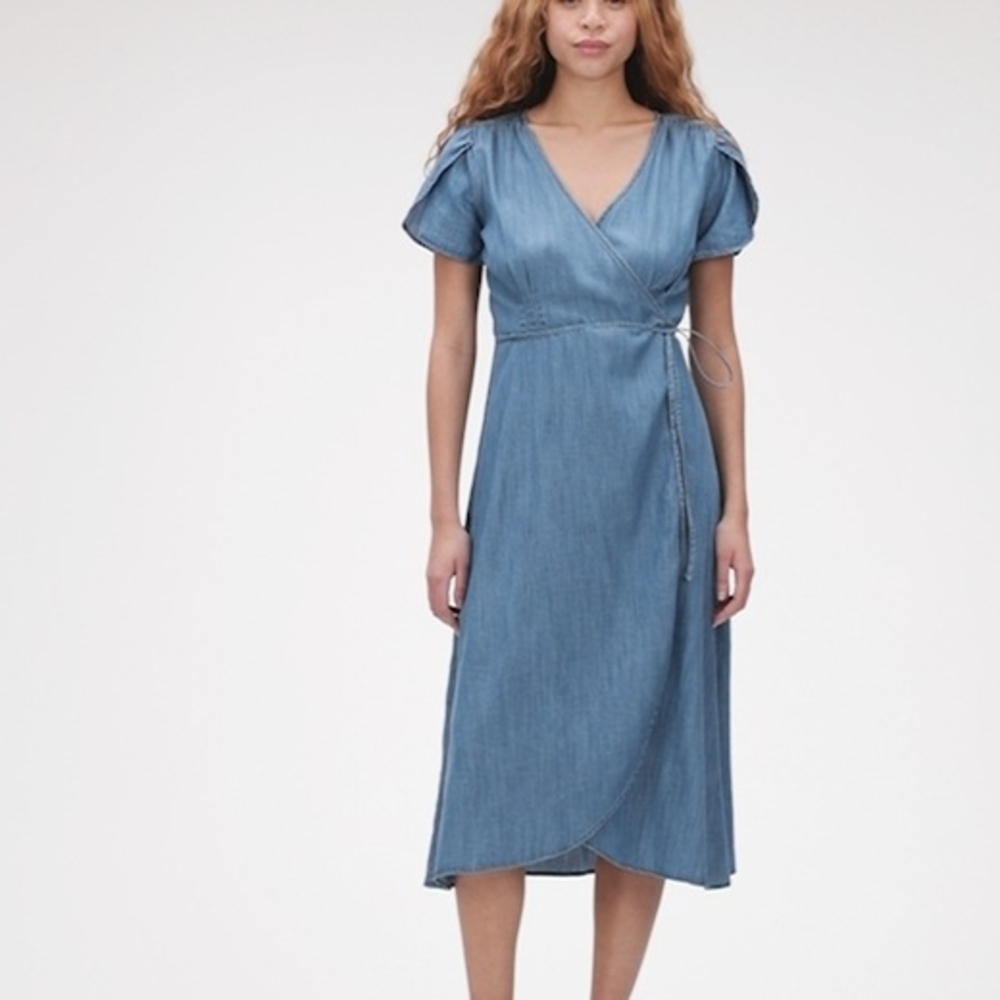 GAP Denim/chambray A-Line Wrap Dress with Puff Cap Sleeves